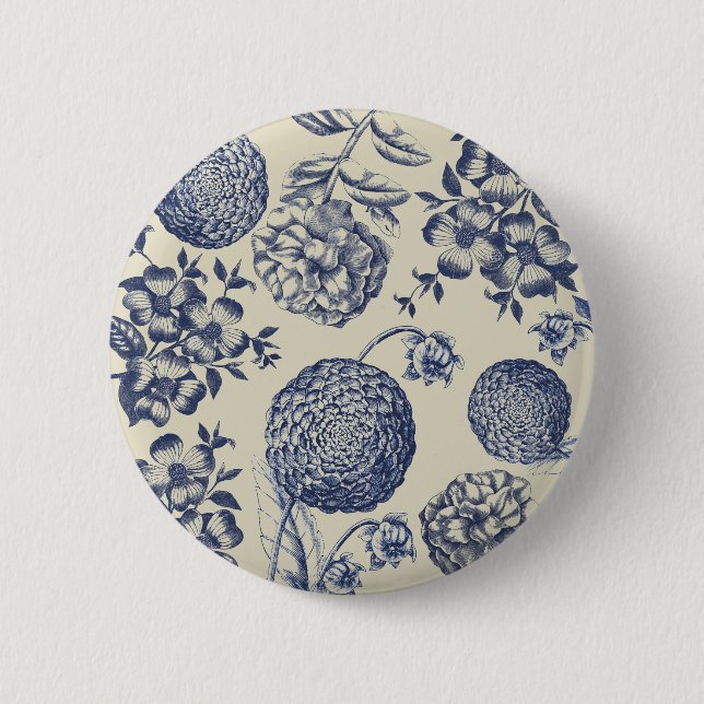 Antique Blue Flower Print Floral Pinback Button (Front)