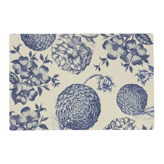Antique Blue Flower Print Floral Placemat (Front)