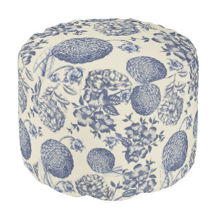 Antique Blue Flower Print Floral Pouf