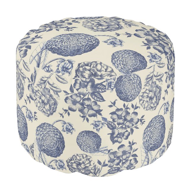 Antique Blue Flower Print Floral Pouf (Angled Back)