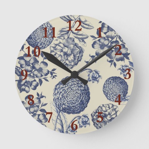 Antique Blue Flower Print Floral Round Clock