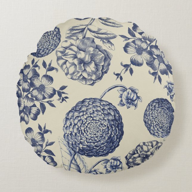 Antique Blue Flower Print Floral Round Pillow (Front)