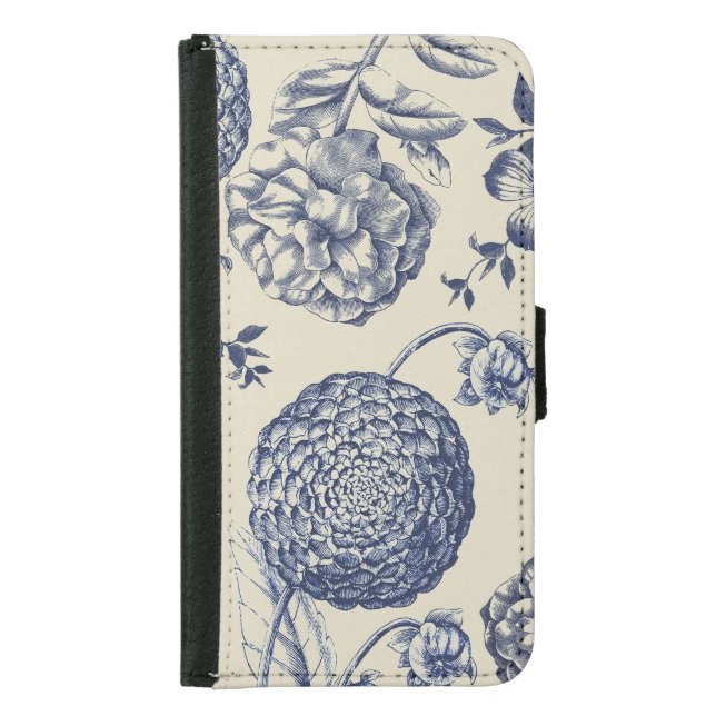 Antique Blue Flower Print Floral Samsung Galaxy Wallet Case (Front)