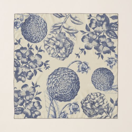 Antique Blue Flower Print Floral Scarf