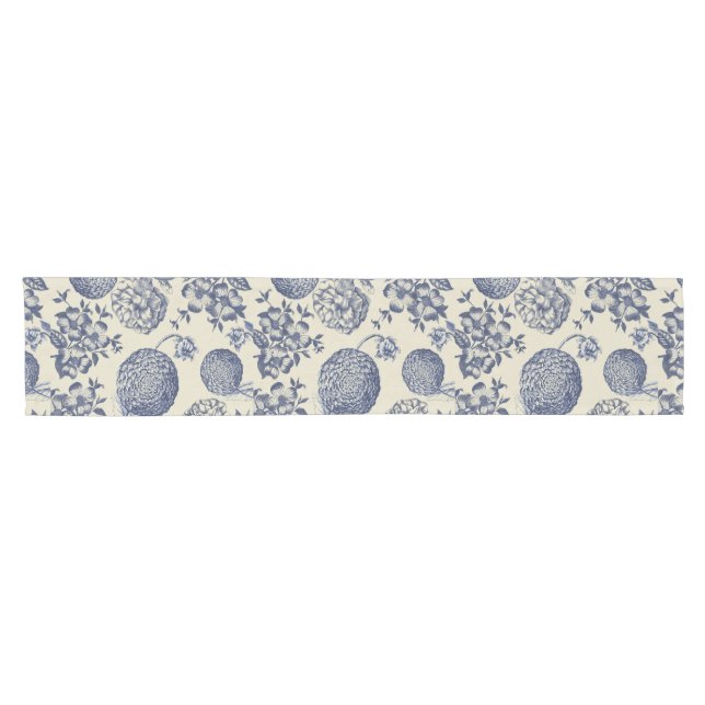 Antique Blue Flower Print Floral Short Table Runner (Horizontal)