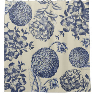 Antique Blue Flower Print Floral Shower Curtain