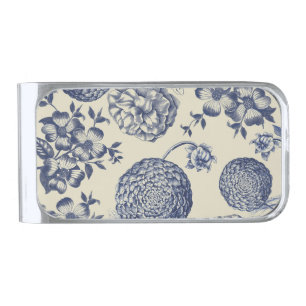 Antique Blue Flower Print Floral Silver Finish Money Clip