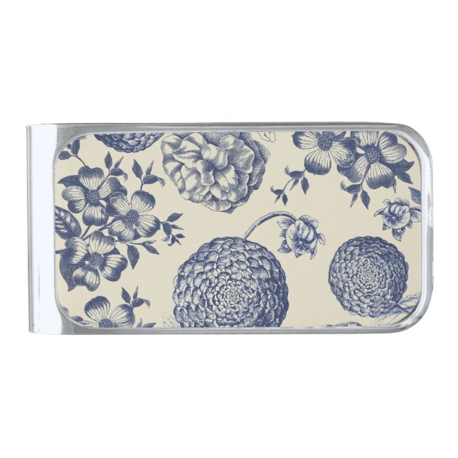 Antique Blue Flower Print Floral Silver Finish Money Clip (Front)