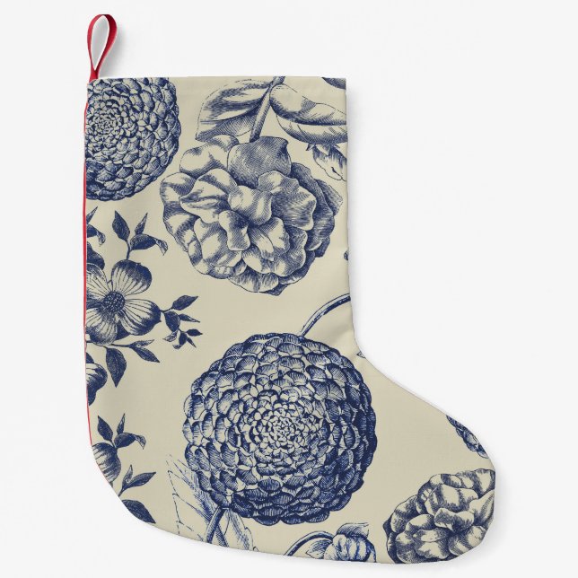 Antique Blue Flower Print Floral Small Christmas Stocking (Front)