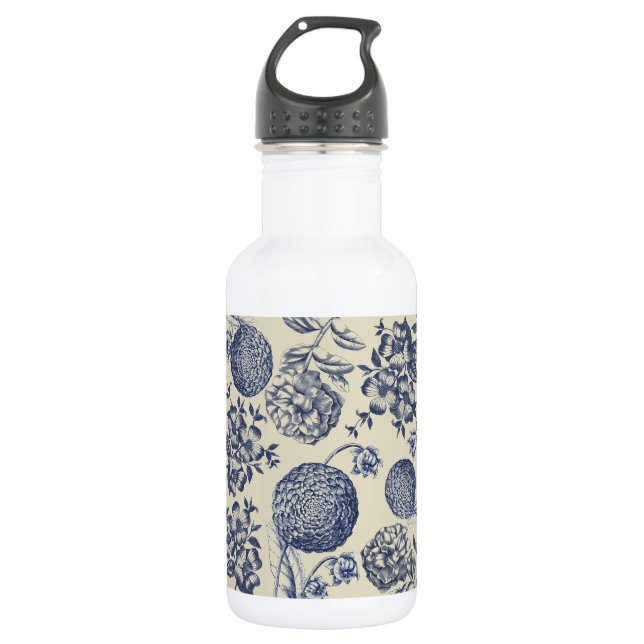 Antique Blue Flower Print Floral Stainless Steel Water Bottle (Front)