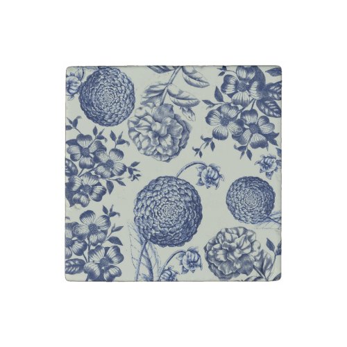 Antique Blue Flower Print Floral Stone Magnet