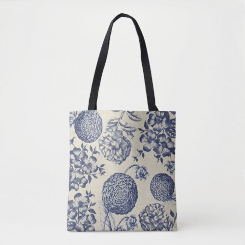 Antique Blue Flower Print Floral Tote Bag