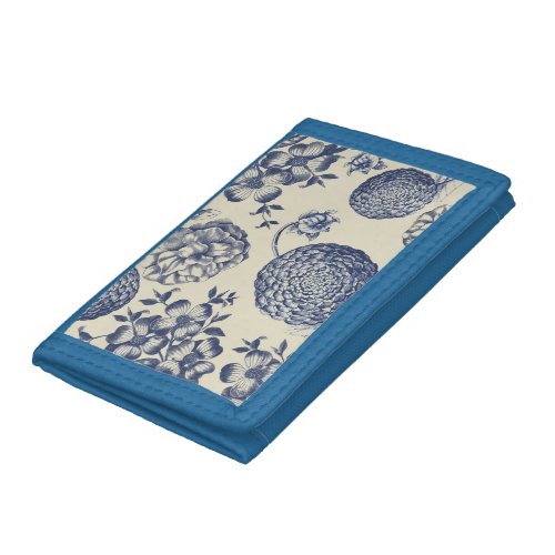 Antique Blue Flower Print Floral Trifold Wallet