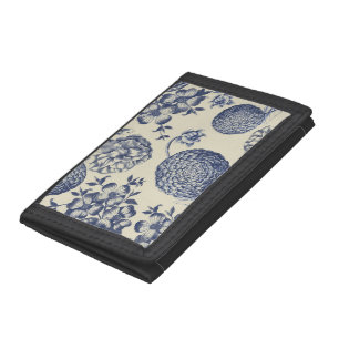 Antique Blue Flower Print Floral Trifold Wallet