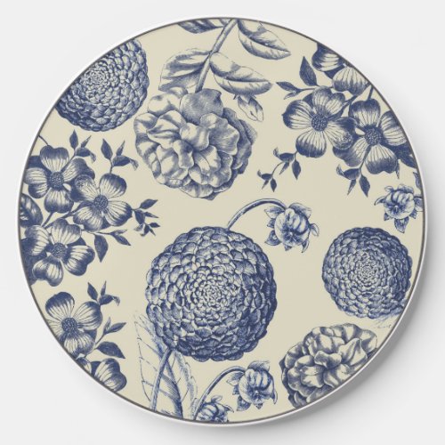 Antique Blue Flower Print Floral Wireless Charger