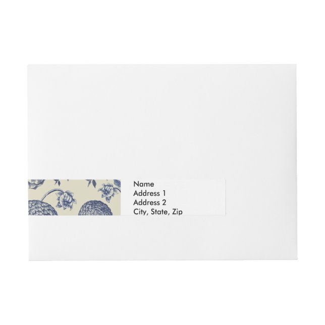 Antique Blue Flower Print Floral Wrap Around Address Label (Front)