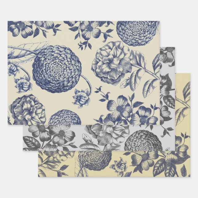Antique Blue Flower Print Floral Wrapping Paper Sheets (Set)