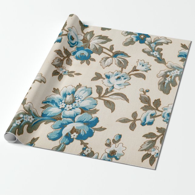 Antique Blue Flowers Floral Botanical Beige  Wrapping Paper (Unrolled)