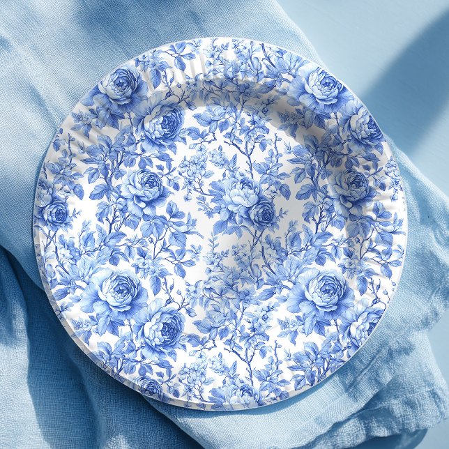 Antique Blue French Toile Roses Floral Paper Plate (Antique Blue French Toile Roses Floral Paper Plates)