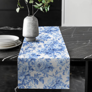 Antique Blue French Toile Roses Floral Table Runne Long Table Runner