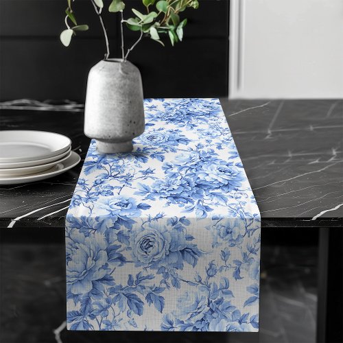 Antique Blue French Toile Roses Floral Table Runne Long Table Runner