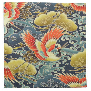 Antique Blue Gold Orange Japanese Kimono Bird Cloth Napkin