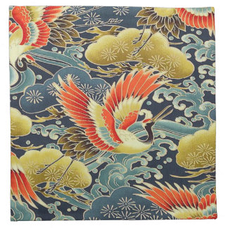 Antique Blue Gold Orange Japanese Kimono Bird  Cloth Napkin