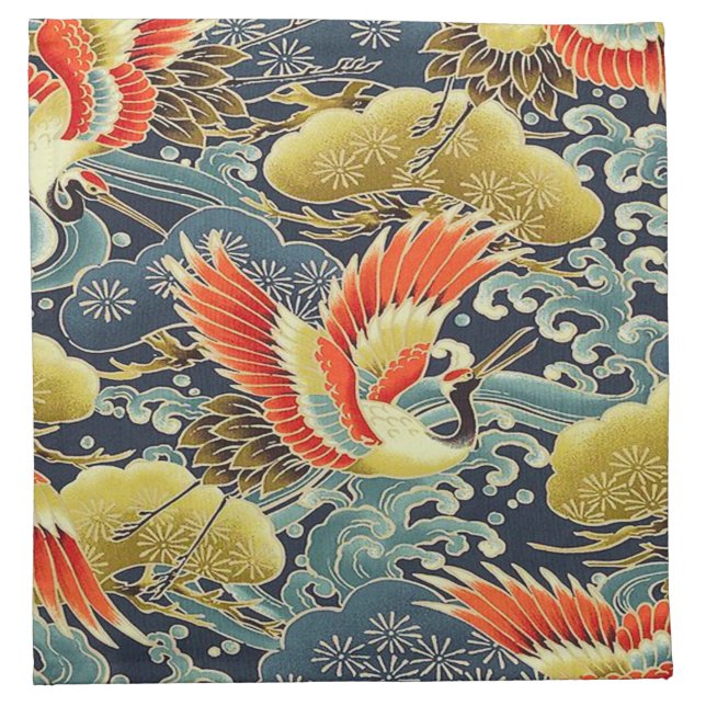 Antique Blue Gold Orange Japanese Kimono Bird  Cloth Napkin (Front)