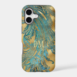 Antique Blue Grunge Swirl Monogram on Gold  iPhone 17 Case