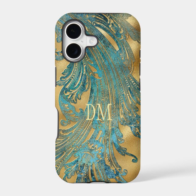 Antique Blue Grunge Swirl Monogram on Gold  Case-Mate iPhone Case (Back)