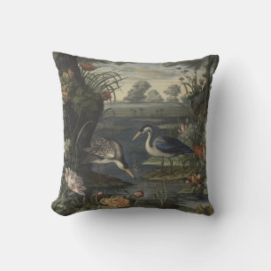 Antique Blue Herons and Botanical River Fine Art Throw Pillow