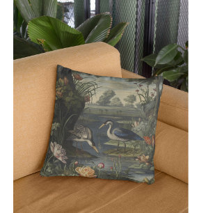 Antique Blue Herons and Botanical River Fine Art Throw Pillow