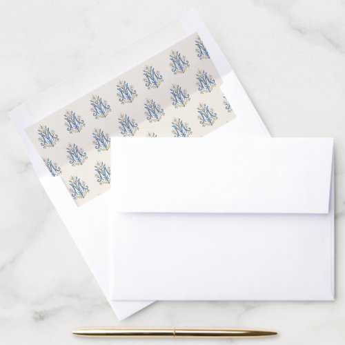 Antique Blue Marian Monogram Catholic Envelope Liner