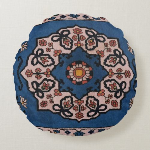 Antique Blue Persian Turkish Carpet  Pattern Round Pillow