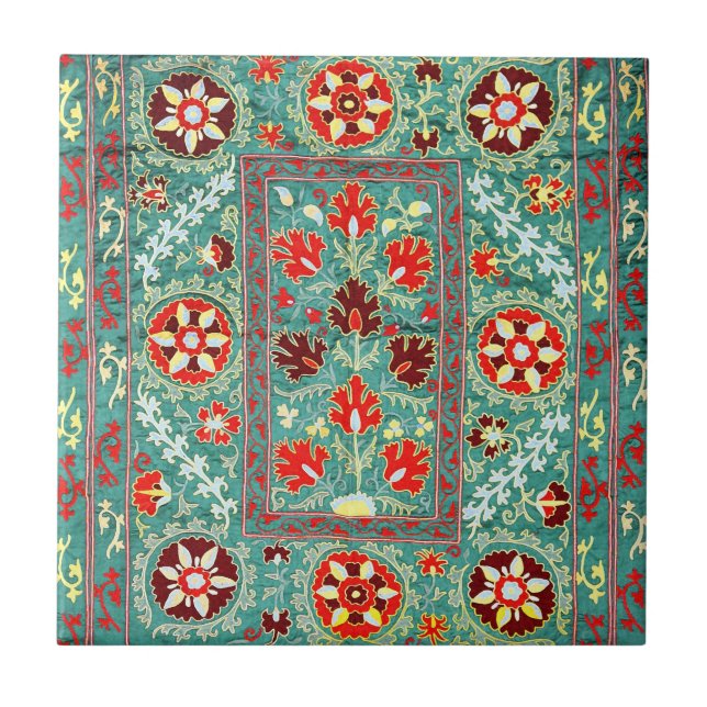 ANTIQUE BLUE RED WHITE FLORAL UZBEK EMBROIDERY  CERAMIC TILE (Front)