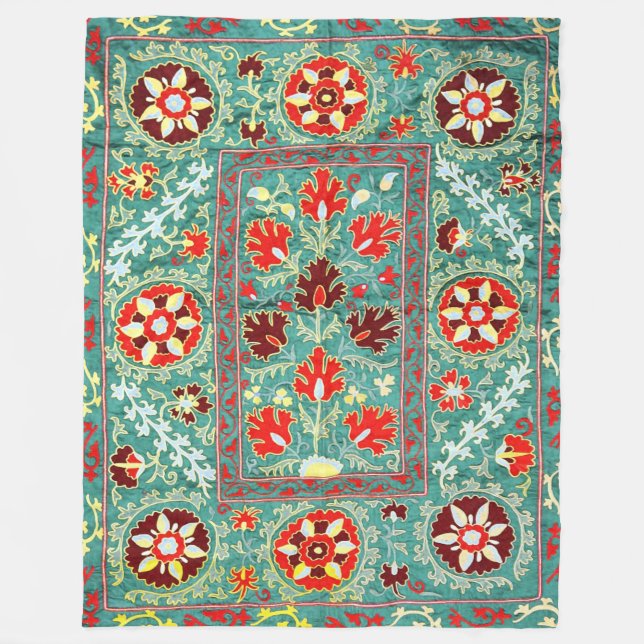 ANTIQUE BLUE RED WHITE FLORAL UZBEK EMBROIDERY  FLEECE BLANKET (Front)