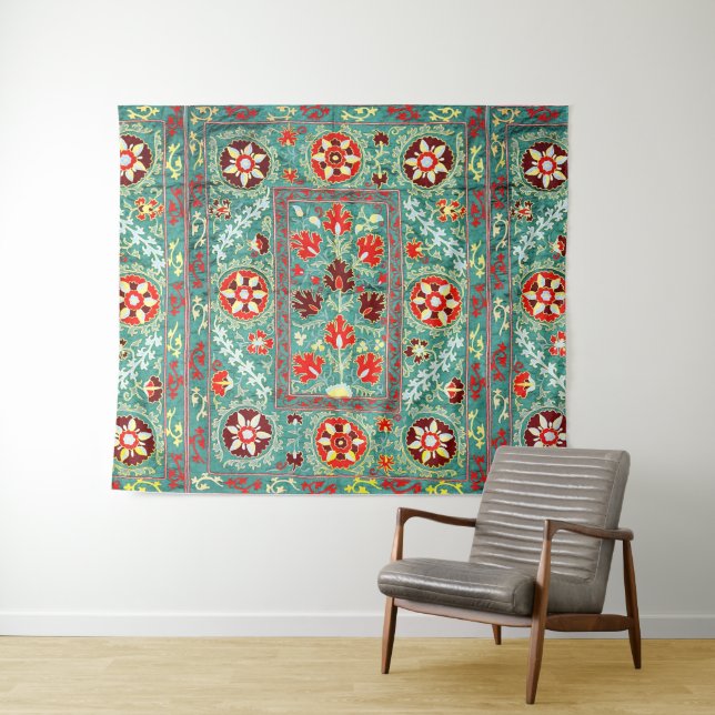 ANTIQUE BLUE RED WHITE FLORAL UZBEK EMBROIDERY  TAPESTRY (In Situ (Horizontal))