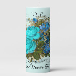 Antique Blue Roses Custom Text Love Never Fails Pillar Candle