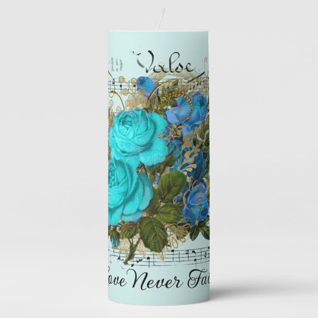 Antique Blue Roses Custom Text Love Never Fails Pillar Candle (Front)