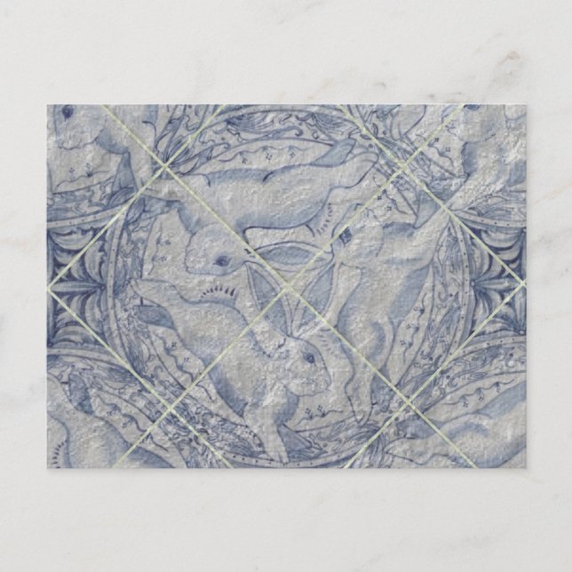 Antique Blue Three Hares Rabbit Tile Mural Postcard (Front)