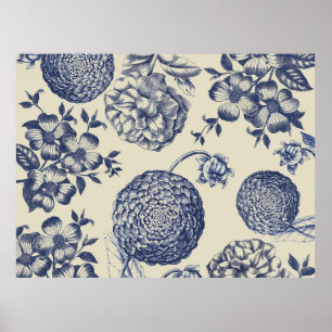 Antique Blue Toile Botanical Flower Print Floral