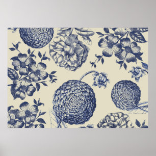 Antique Blue Toile Botanical Flower Print Floral