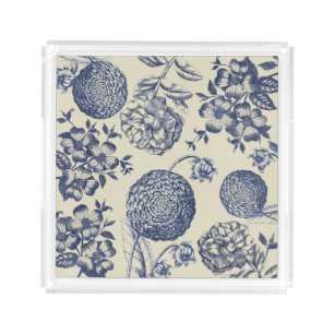 Antique Blue Toile Botanical Flower Print Floral Acrylic Tray