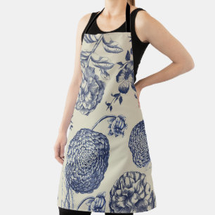 Antique Blue Toile Botanical Flower Print Floral Apron