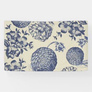 Antique Blue Toile Botanical Flower Print Floral Banner