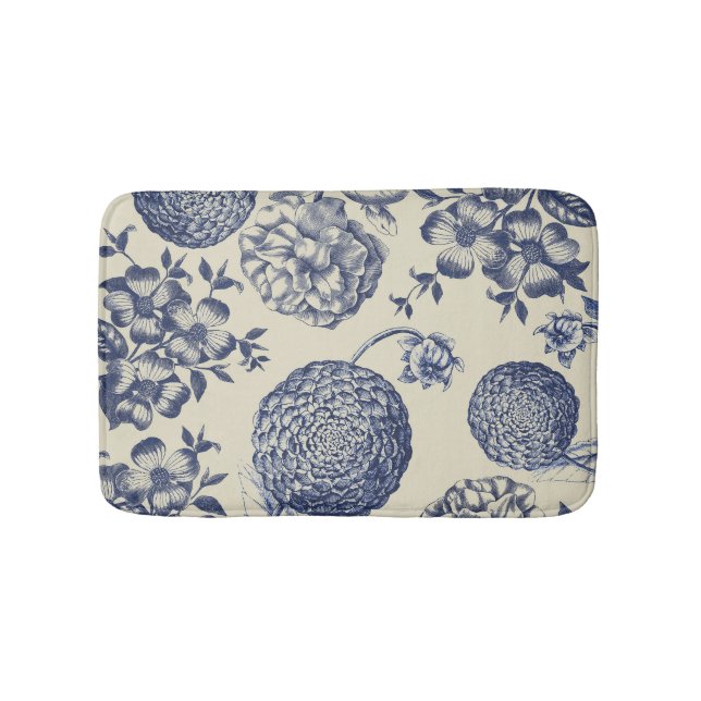 Antique Blue Toile Botanical Flower Print Floral Bath Mat (Front)