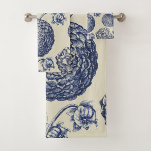 Antique Blue Toile Botanical Flower Print Floral Bath Towel Set