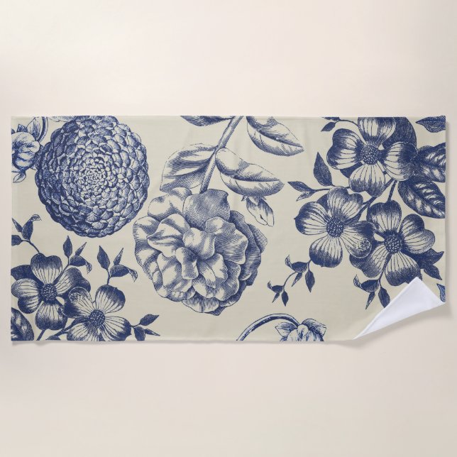 Antique Blue Toile Botanical Flower Print Floral Beach Towel (Front)