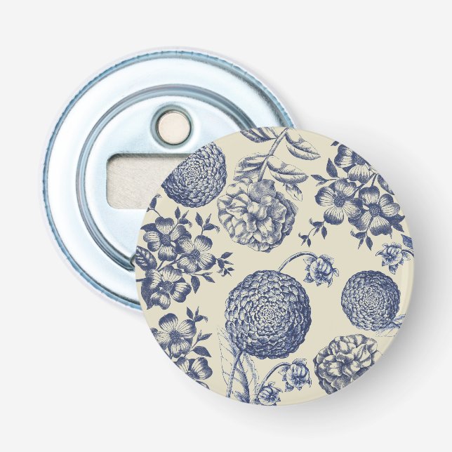 Antique Blue Toile Botanical Flower Print Floral Bottle Opener (Front)