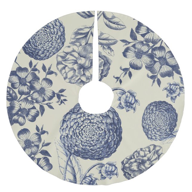 Antique Blue Toile Botanical Flower Print Floral Brushed Polyester Tree Skirt (Front)